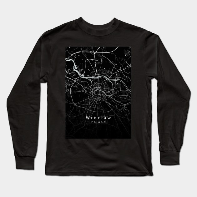 Wroclaw Poland City Map dark Long Sleeve T-Shirt by Robin-Niemczyk